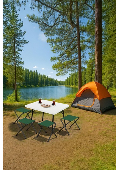 Exent 45x60 Cm Kamp Sehpası + 4 Adet Yeşil Tabure Piknik, Bahçe Balkon Sehpası Katlanır Sehpa-b-4y Çok Renkli