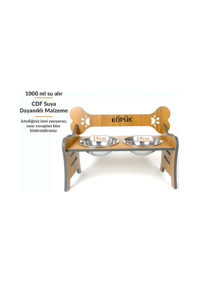 Köpek Su Ve Mama Kabı Standı - Özel İsim Baskılı - Suya Dayanıklı - Ceviz Cdf - Çelik Kase -2 1000ml