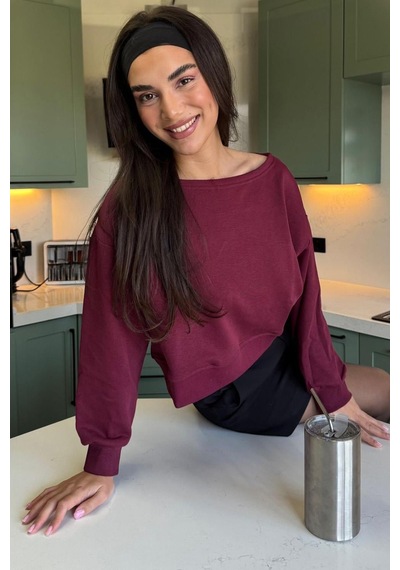 Bordo Kayık Yaka Kadın Sweatshirt Mg2208