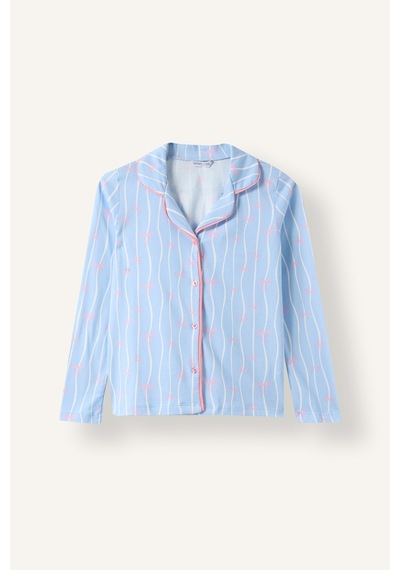 Defacto Dalga Desenli Gömlek Yaka Üst Geniş Paça Alt 2li Pijama Takımı Kız Çocuk I1882a826aube791 Mavi-be791