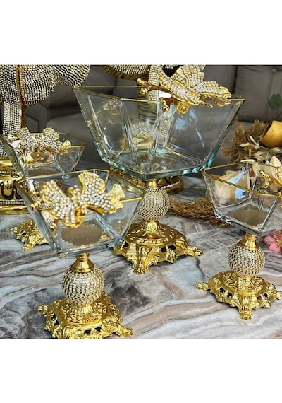 Elta Collection Karen 7 Parça Kelebekli Elmas Döküm Ayaklı Sunumluk Magnolia Dondurmalık Cup Ve Salata Kase Seti Gold