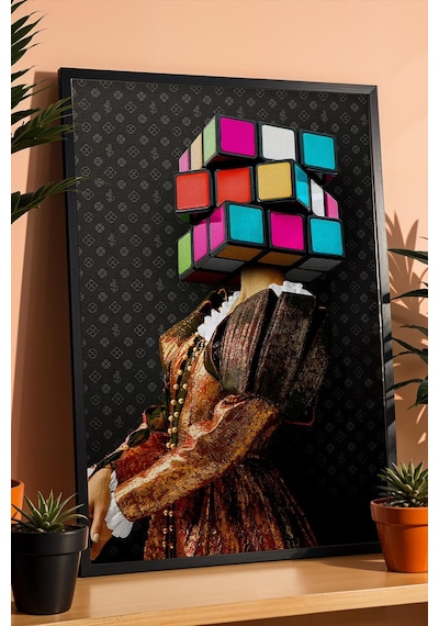Rubik Küpü Kafalı Kadın Çerçeveli Tablo Rönesans Tarzı Renkli Küp Başlıklı Modern Ofis Dekoru Modifiye Sanat