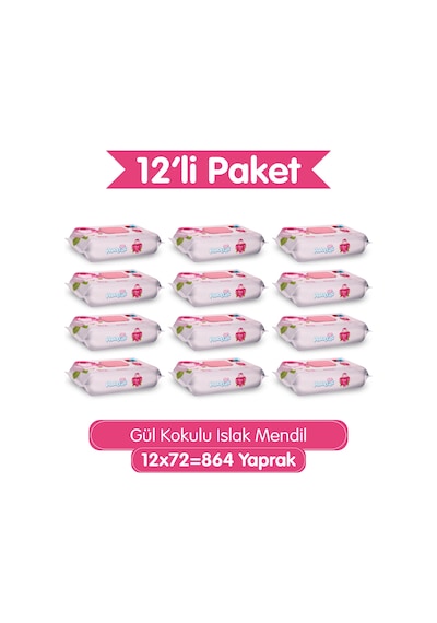 Gül Kokulu Islak Mendil 864 Yaprak (12x72) Koli- Yumuşak Dokulu %0 Paraben