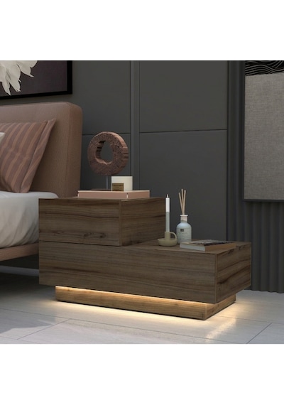 Kayra Kmd002 Led Işıklı Komodin 2 Çekmeceli Modern Tasarım Antik Ceviz