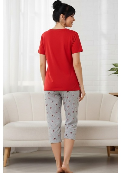 Siyah İnci Kırmızı Desenli Pamuklu Bisiklet Yaka Örme Kapri Pijama Takım
