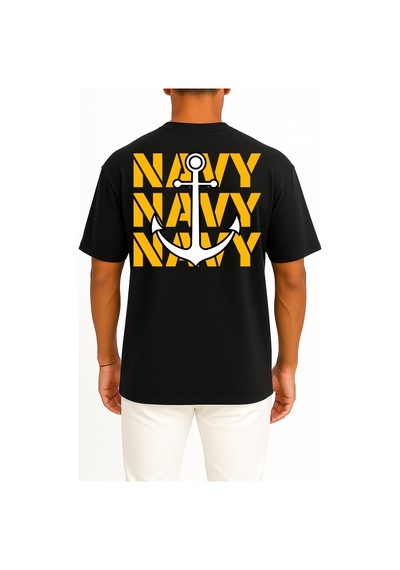 Bahriyeli Collection Oversize Trio Navy Anchor Göğüs Ve Sırt Baskılı Unisex T-shirt Siyah
