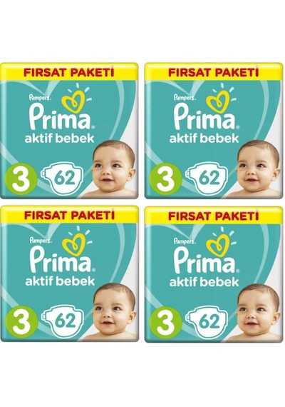 Prima Pampers Aktif Bebek Fırsat Paketi Midi Bebek Bezi 6-10 KG 3 Beden 4 x 62 Adet 4'lü