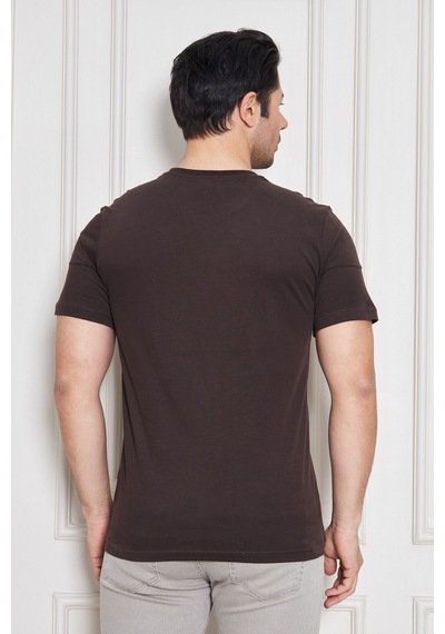 Jeuss Erkek Viscon Lina Likralı Kumaş Bisiklet Yaka Kahverengi Tshirt