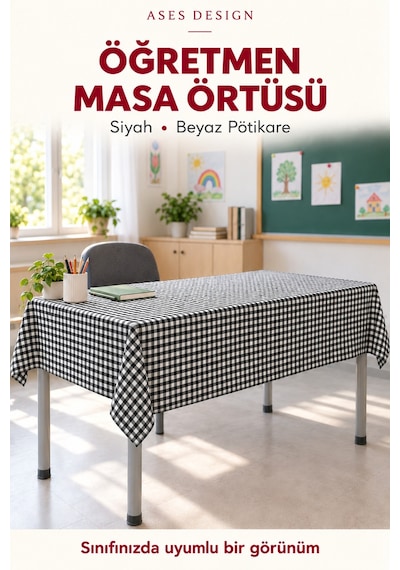 Siyah Beyaz 15'li Lastikli Sıra Örtüsü, 100x140 Cm Öğretmen Masa Örtüsü Hediye