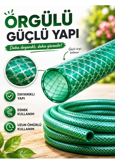 Beylini 1/2" 25 Metre Örgülü Bahçe Hortumu Balkon Bahçe Sulama Temizlik Araç Yıkama Su Hortumu Dolanmaz Kırılmaz Yeşil