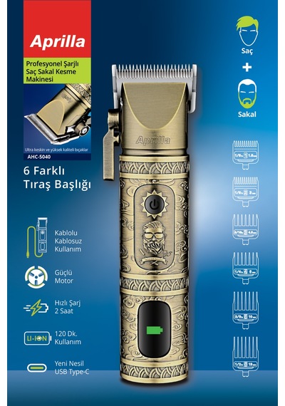 Kiwi Aprilla Ahc-5040 Paslanmaz Çelik Bıçaklı Dijital Göstergeli Profesyonel Şarjlı Saç Sakal Makinesi