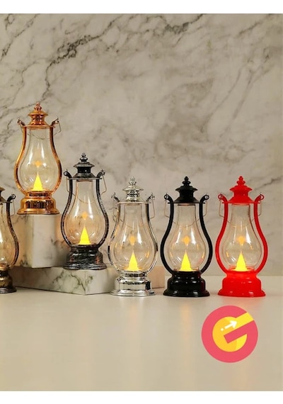 Retro Alev Efektli Led Lamba Pilli Gaz Lambası Modeli Kandil Atmosfer Dekoratif Ramazan Yılbaşı Aydınlatma Siyah