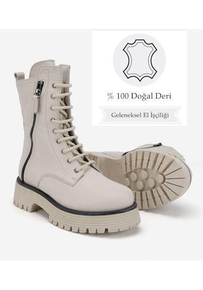 Kadın Bej Hakiki Deri 36-41 Numara Bağcıklı Bot & Bootie Bej
