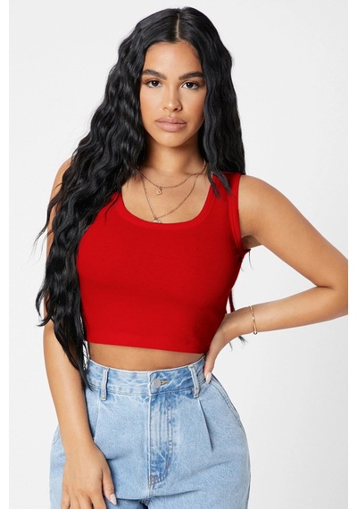 Angbutik Kadın Kırmızı Kare Yaka Crop Top Bluz