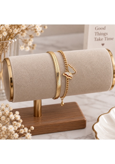 Gold Renk Kelebek Figürlü Çift Katmanlı Kadın Bileklik Taşlı Şık Çelik Bileklik Altın - Gold