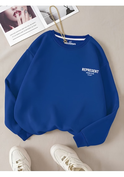 Startmore Mavi Unisex Erkek/kadın Renkli Represent Özel Baskılı Oversize Pamuklu Bisiklet Yaka