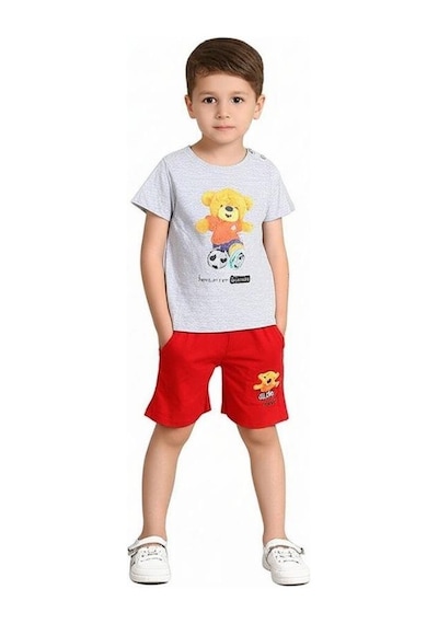 Breeze Erkek Bebek Ayıcıklı Pamuklu Şortlu Takım-15829 Gri