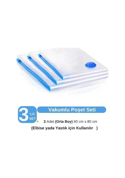 3 Adet Orta Boy 60 Cm X 80 Cm Vakumlu Poşet - Vakumlu Hurç - Vakumlu Torba Mavi