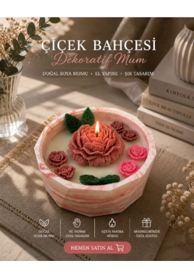 El Yapımı Çiçek Bahçesi Mum Doğal & Şık Dekoratif Tasarım Kırmızı-beyaz