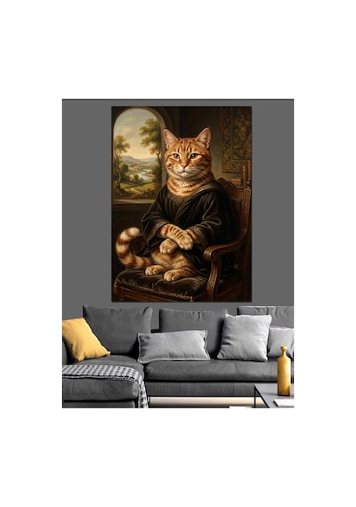 Mona Lisa Tarzı Soylu Kedi Yağlı Boya Dokulu Kanvas Tablo Canvas Tablosu