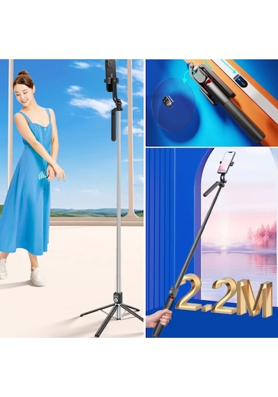 Kumandalı 360 Derece Dönebilen Cep Telefonu Ve Kamera Tripodu 2.2m Uzayabilen Selfie Çubuğu Lisinya