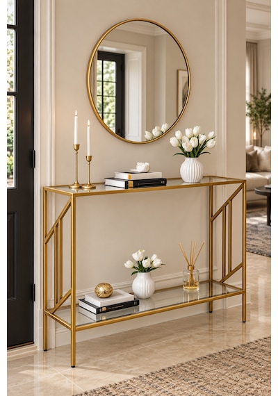 Teknor Gold Çerçeveli Şeffaf Camlı Modern Antre Dresuarı 100 Cm