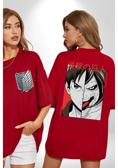 Anime Titan Saldırısı Kırmızı Oversize Unisex Ön Ve Sırt Baskılı Tişört Kırmızı