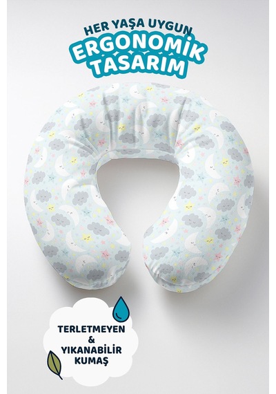 Ay Bulut Yıldız Desenli Pamuklu Boyun Yastığı - Pastel Mavi Gri Yumuşak Seyahat Yastığı Buzlu Deniz Çakıl