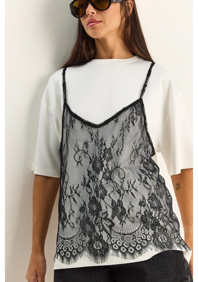 Shade Kadın Dantel Detaylı Katmanlı Görünümlü Basic T-shirt 1083 60286114 - Beyaz