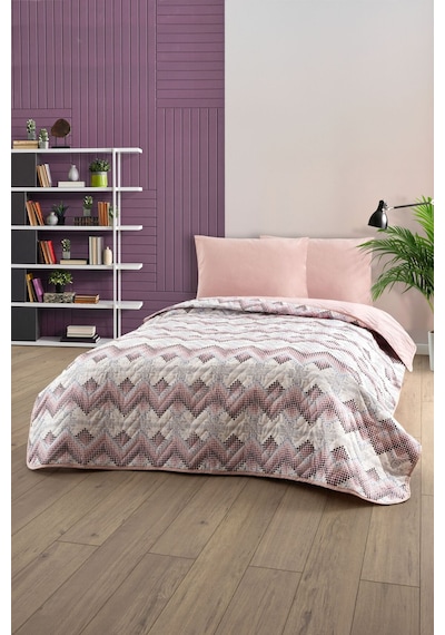 Çift Kişilik Desenli Kapitone Çift Taraflı Renkli Pike Yatak Örtüsü Takımı 200x230 Cm Çarşafsız Pudra