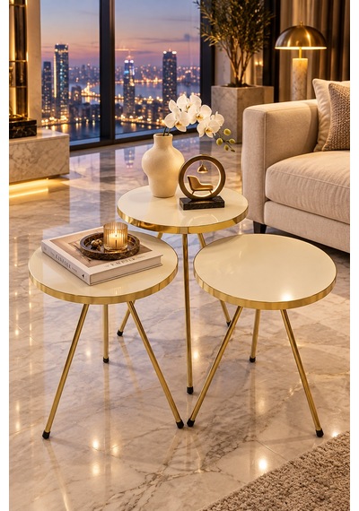 Odera Gold Krem Yuvarlak Zigon Sehpa 3'lü Set Metal Ayaklı Modern Salon Sehpası Diğer