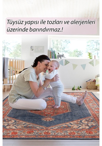 Foldy Vintage Desenli Dokuma Taban Dekoratif Lacivert Halı Fl 29