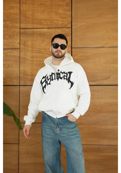 Novalisse Erkek Kapüşonlu 3 İplik Şardonlu Önü Baskılı Fermuarlı Oversize Sweatshirt - Beyaz Çoklu Renk
