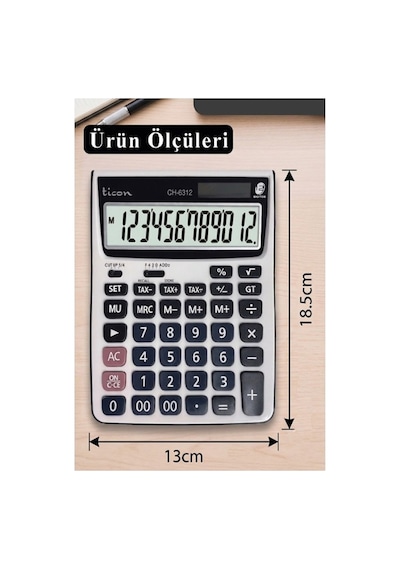 Hesap Makinesi Gri 13x18.5cm 1 Adet Ticon Ch-6312 12 Haneli Hafızalı Orta Boy Ofis Büro Masaüstü Hesap Makinası