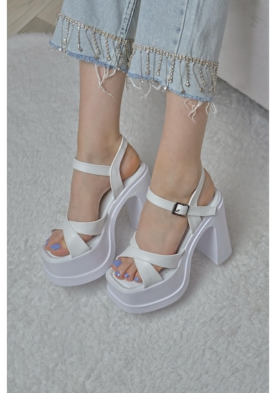 Asmi Shoes Kadın Çapraz Bantlı 12 Cm Platformlu Topuklu Ayakkabbı Beyaz Beyaz