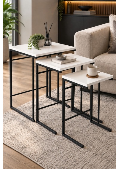 Sulorahome 3'lü Beyaz Zigon Sehpa Seti Metal Ayaklı Kare Tasarım