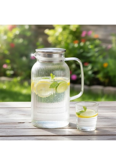 Silikon Fitilli Borosilikat Cam Sürahi 2000 Ml - Metal Kapaklı, Isıya Dayanıklı, Süzgeçli Şeffaf Buzlu Çay Ve Limonata Karafı
