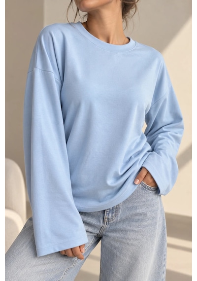 Bb Butik Basic Kadın Modal Oversize Bisiklet Yaka Sweatshirt Zg3535 Mavi