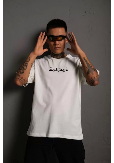 Erkek Bisiklet Yakalı Sırt Baskılı Oversize T-shirt - Beyaz Xl Beyaz