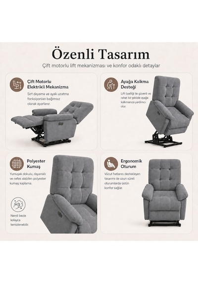 Smarto Relax Porto Liftli Çift Motorlu Elektrikli Ayağa Kalkma Destekli Polyester Hasta Ve Baba Tv Koltuğu Gri