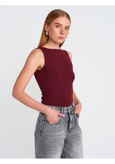 Dilvin 20868 Kayık Yaka Kolsuz Top-bordo Bordo