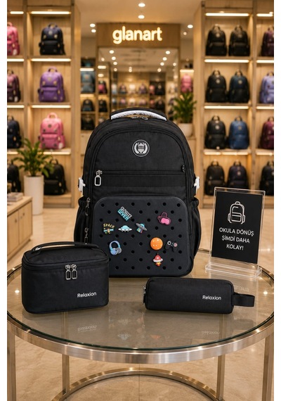 3'lü Set Çocuk İlkokul Çantası+ Kalemlik+ Beslenme Delikli Model Relaxio Siyah