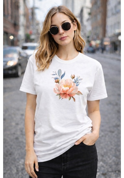 Herkesemoda Pembe Çiçek Baskı Detaylı Basic T-shirt Beyaz