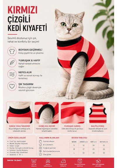 Kırmızı Çizgili Kedi Kıyafeti Boydan Geçirmeli Yumuşak Ve Rahat Kedi Tişörtü