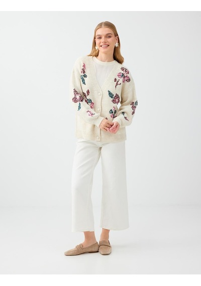 Jimmy Key Kırık Beyaz Floral Payet İşleme Detaylı V Yaka Triko Hırka 6ww108197106