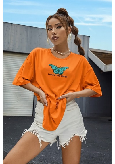 Kelebek Baskılı Oversize Unisex Tişört Turuncu
