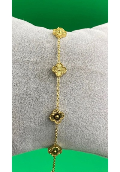 Gold Renk Yonca Desenli Minimal Bileklik Altın