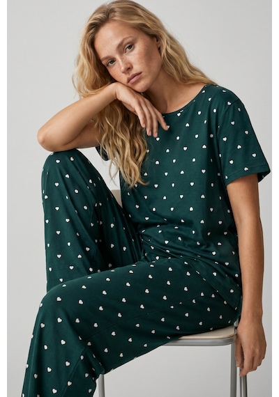 Siyah İnci Pamuklu Örme Pijama Takımı 8025 Yeşil Beyaz