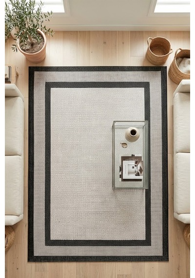 Sisal Prime Bej Siyah İskandinav Yıkanabilir Bordürlü Halı Kilim Balkon Teras Koridor Halısı 1149