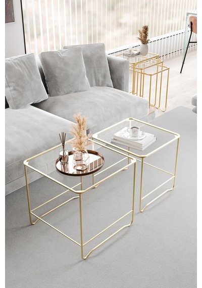 Orta Sehpa Salon Oturma Odası İkili Kare Gold Altın